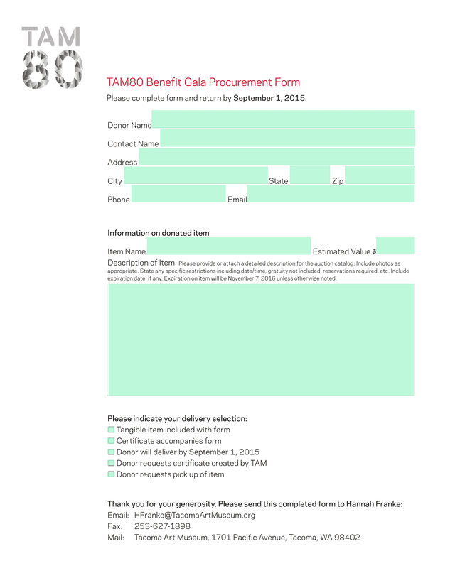 TAM80 Benefit Gala Procurement Form screenshot