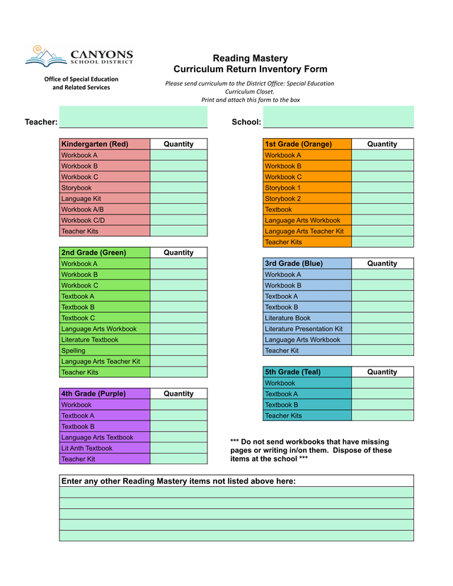 Reading Mastery Curriculum Return Inventory Form screenshot