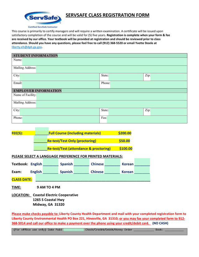 SERVSAFE CLASS REGISTRATION FORM screenshot