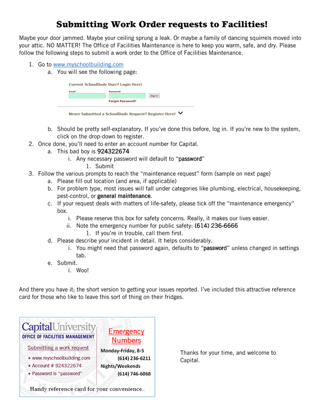 Facilities Maintenance Work Order Request Guide screenshot