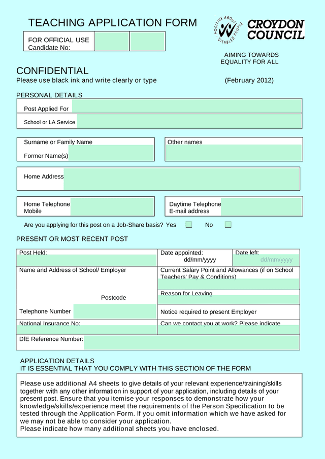 Teaching Application Form screenshot