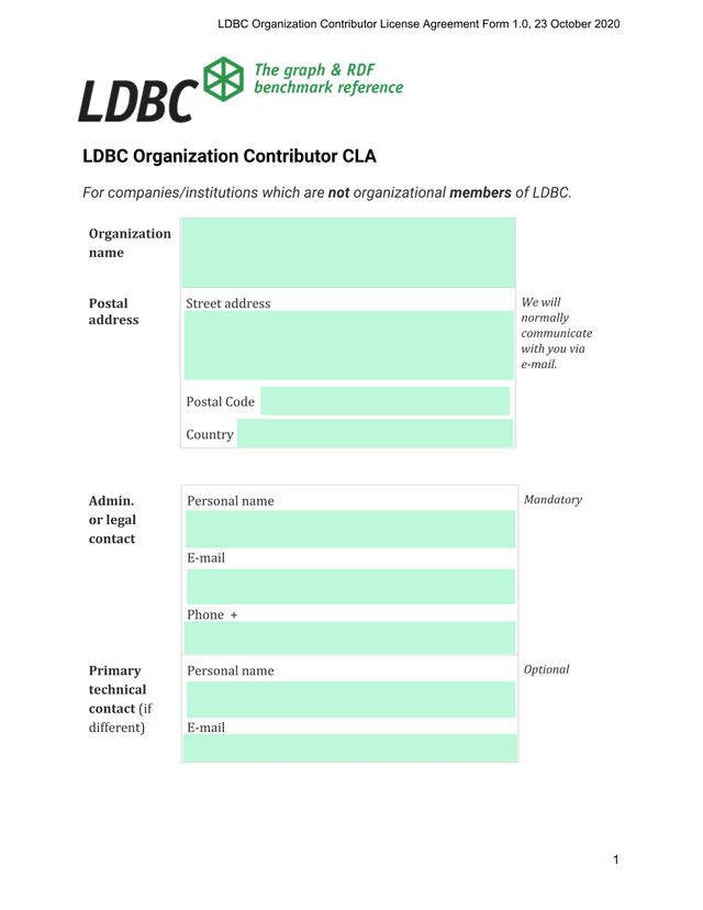 LDBC Organization Contributor License Agreement Form screenshot