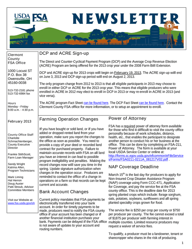 Clermont County FSA Office Newsletter screenshot
