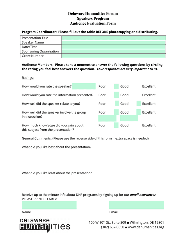 Delaware Humanities Forum Speakers Program Audience Evaluation Form screenshot