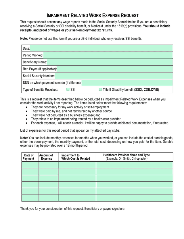 Impairment Related Work Expense Request screenshot