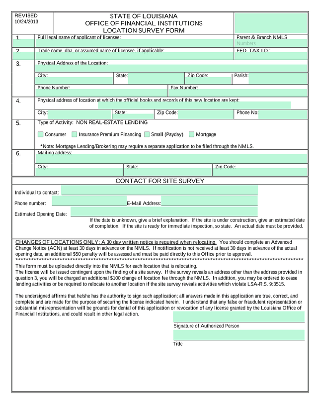 STATE OF LOUISIANA OFFICE OF FINANCIAL INSTITUTIONS LOCATION SURVEY FORM screenshot