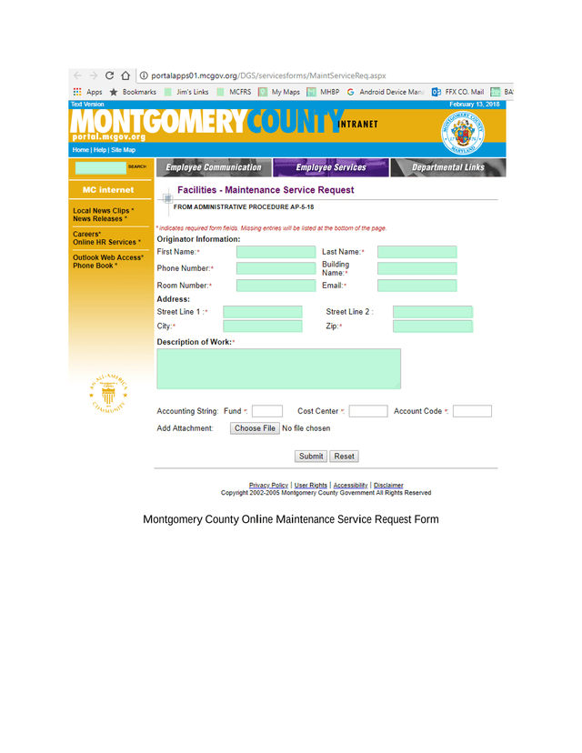 Montgomery County Online Maintenance Service Request Form screenshot