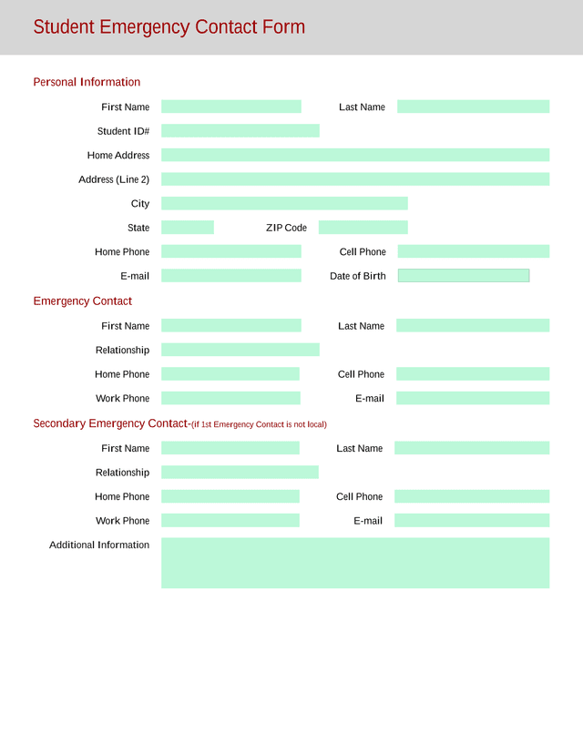 Student Emergency Contact Form screenshot