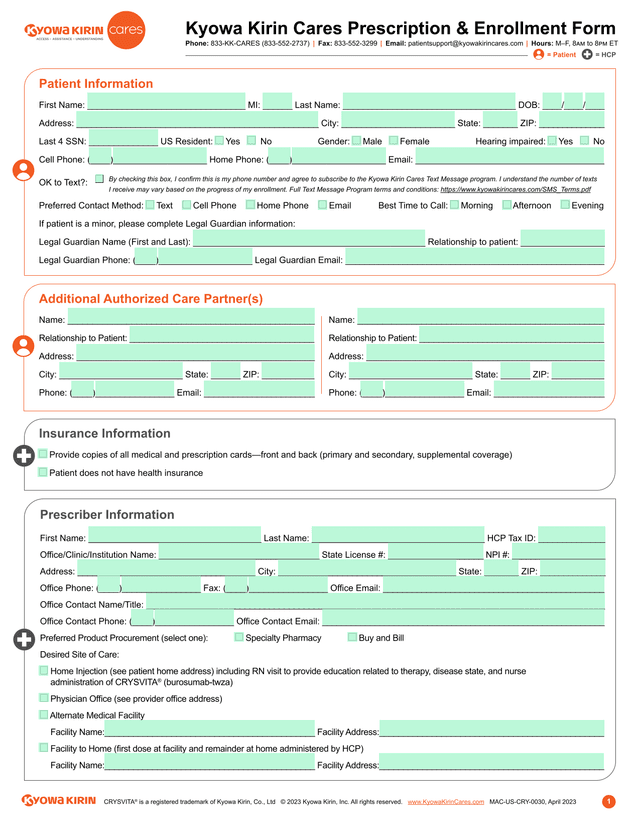 Kyowa Kirin Cares Prescription  Enrollment Form screenshot