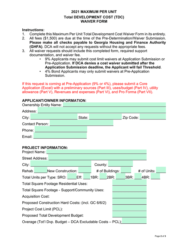 2021 Maximum Per Unit Total Development Cost Waiver Form screenshot