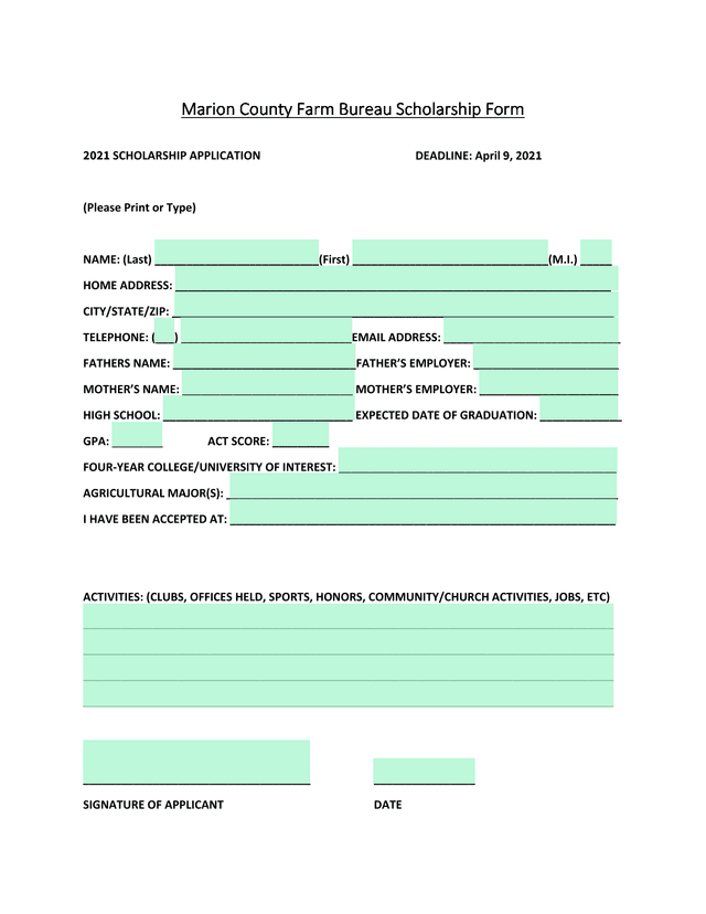 Marion County Farm Bureau Scholarship Form screenshot