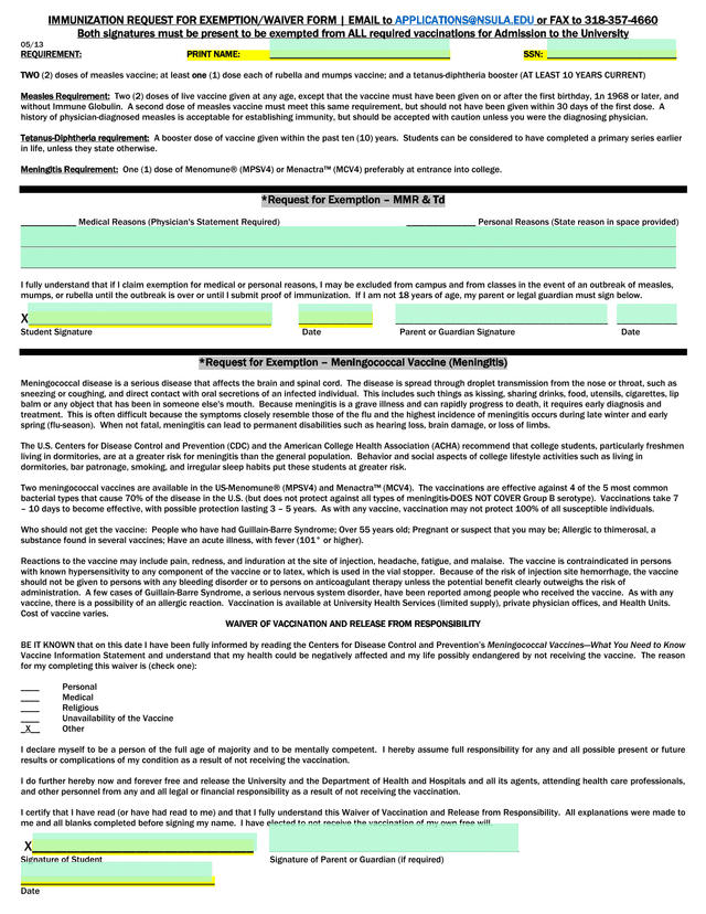 Immunization Request For ExemptionWaiver Form screenshot