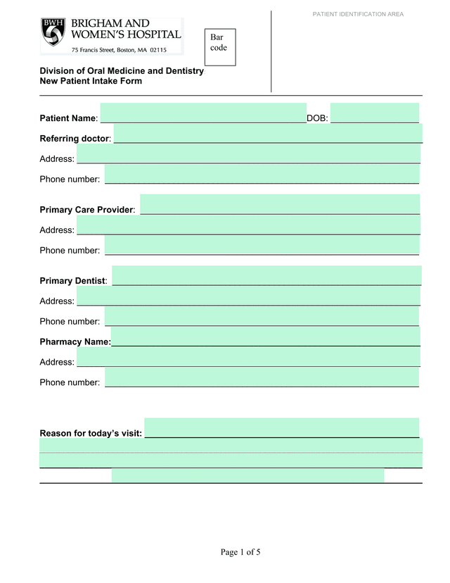 Division Of Oral Medicine And Dentistry New Patient Intake Form screenshot