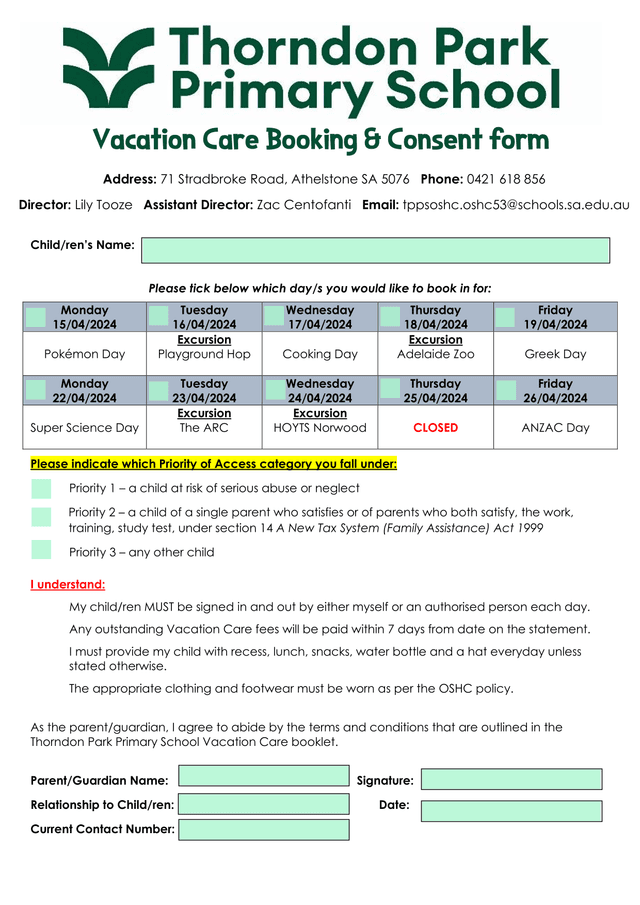 Vacation Care Booking  Consent Form screenshot