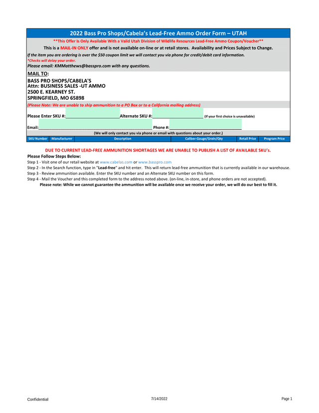 2022 Bass Pro ShopsCabelaS Lead Free Ammo Order Form  UTAH screenshot