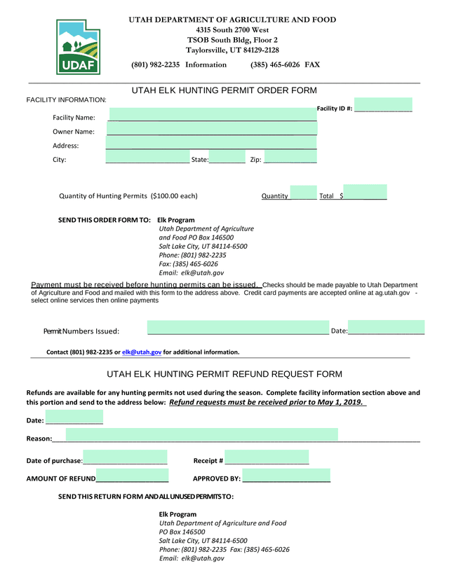 Utah Elk Hunting Permit Order Form screenshot