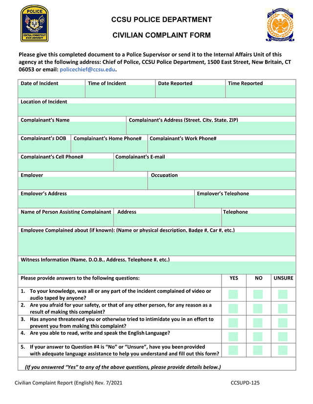 CCSU Police Department Civilian Complaint Form screenshot