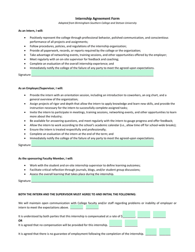 Internship Agreement Form screenshot