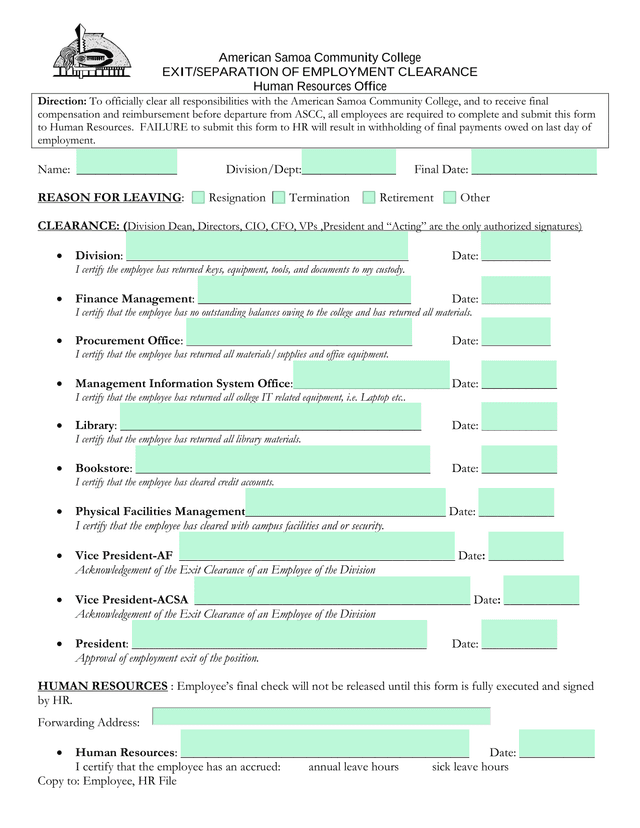 EXITSEPARATION OF EMPLOYMENT CLEARANCE screenshot