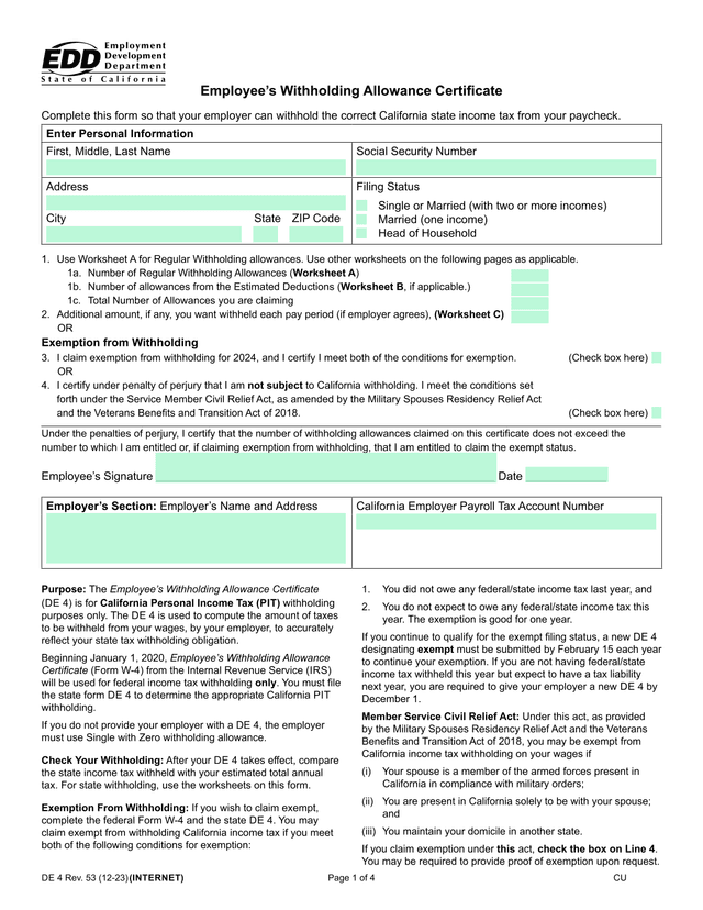 EmployeeS Withholding Allowance Certificate (DE 4) screenshot