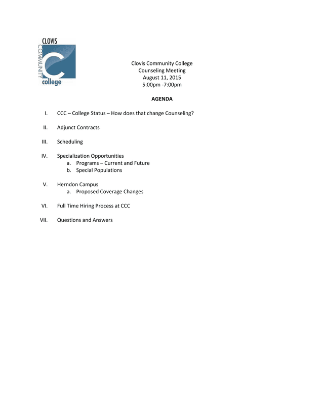 Clovis Community College Counseling Training Session Agenda screenshot