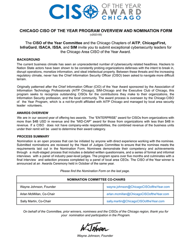 Chicago CISO Of The Year Program Overview And Nomination Form screenshot