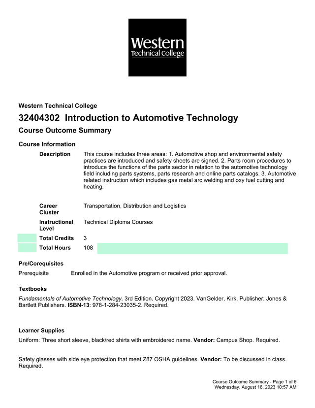 Introduction To Automotive Technology Course Outcome Summary screenshot