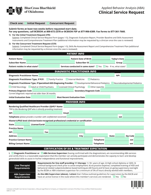 Applied Behavior Analysis (ABA) Clinical Service Request screenshot