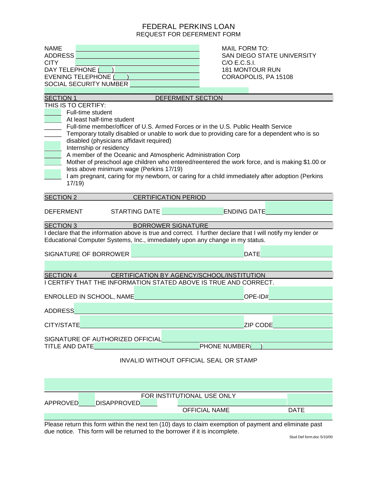 Federal Perkins Loan Request For Deferment Form screenshot
