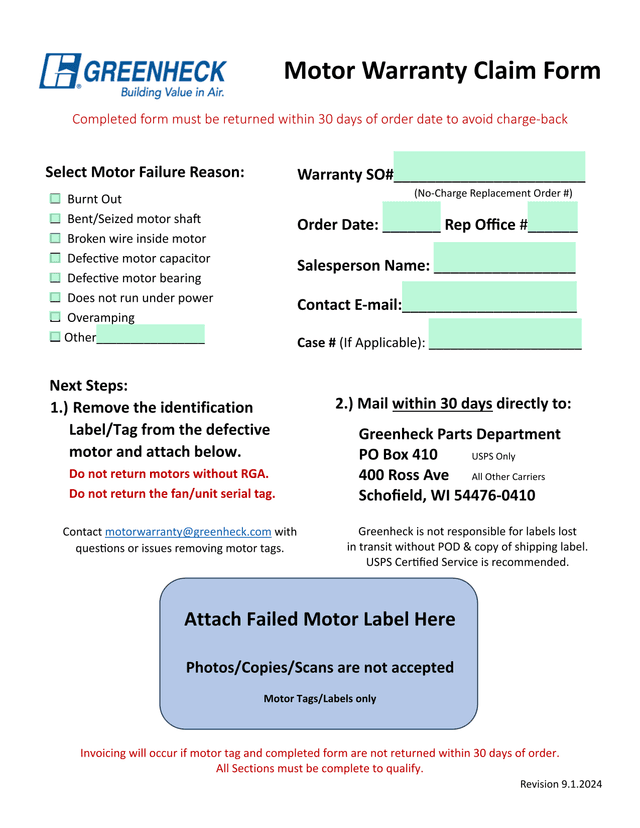 Motor Warranty Claim Form screenshot