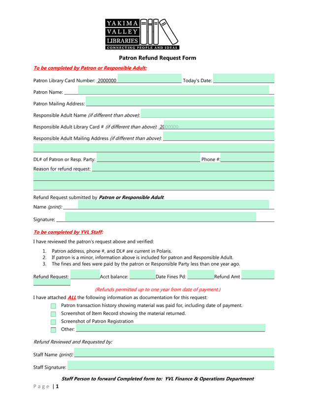 Patron Refund Request Form screenshot