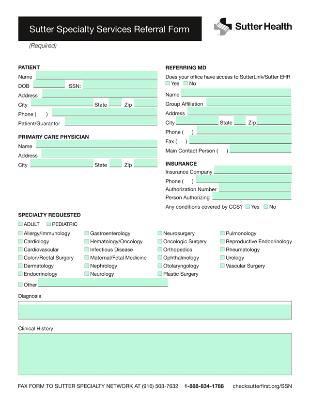 Sutter Specialty Services Referral Form screenshot