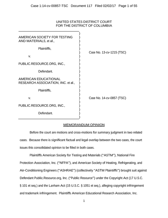 Memorandum Opinion   American Society For Testing And Materials Et Al. V. Public.Resource.Org, Inc. screenshot