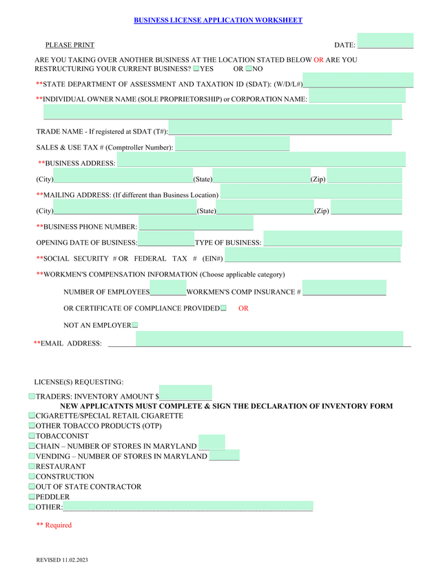 Business License Application Worksheet screenshot
