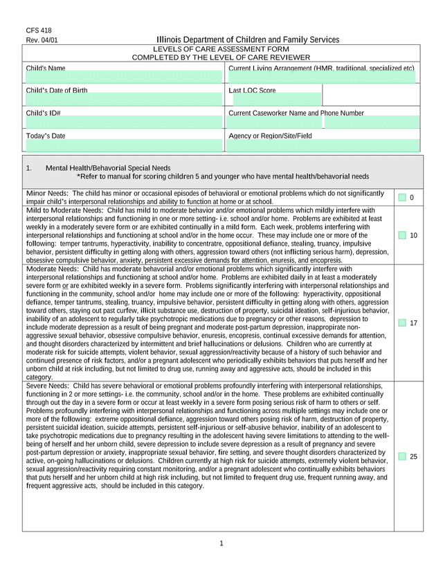 Levels Of Care Assessment Form screenshot