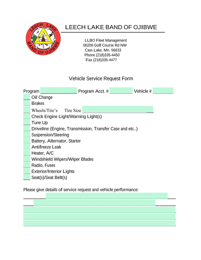 Vehicle Service Request Form screenshot