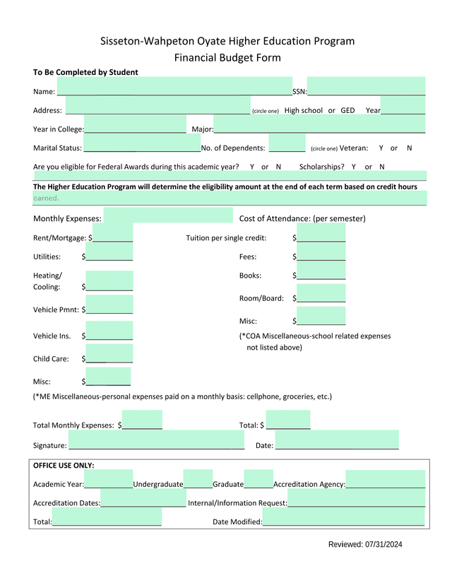 Sisseton Wahpeton Oyate Higher Education Program Financial Budget Form screenshot