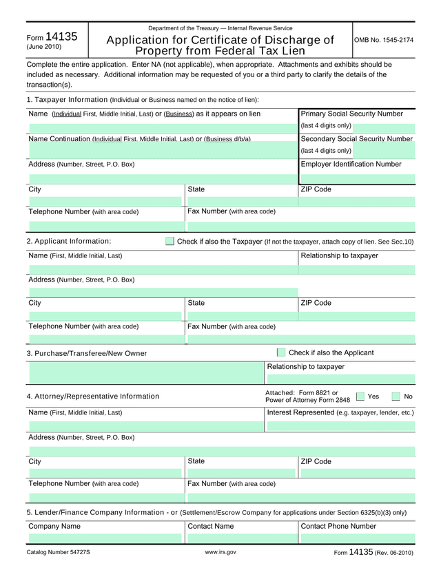 Form 14135 Application For Certificate Of Discharge Of Property From Federal Tax Lien screenshot