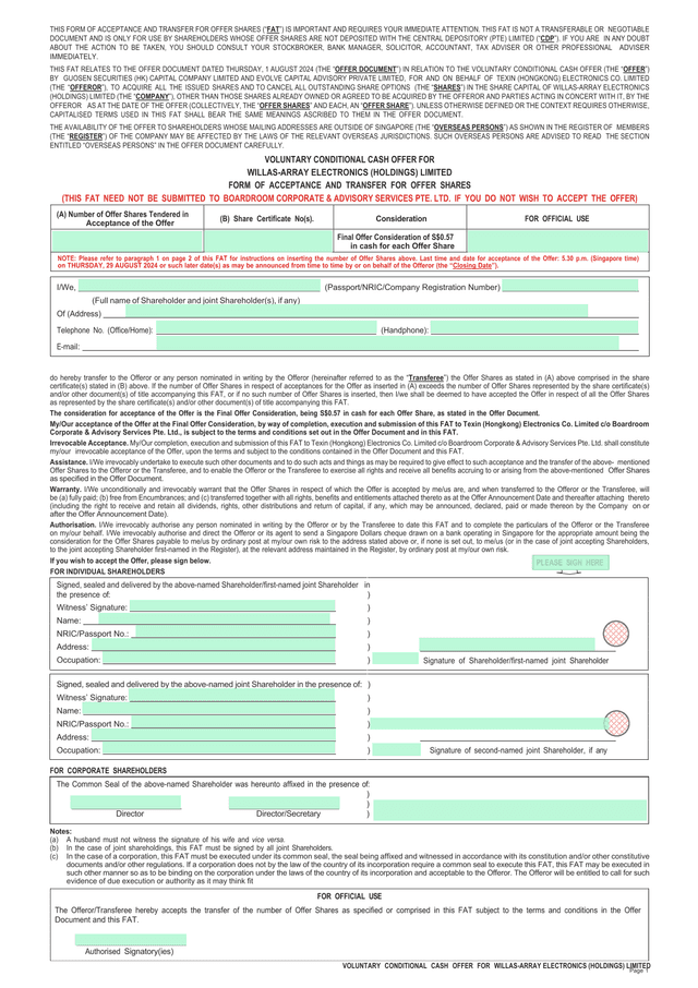 Form Of Acceptance And Transfer For Offer Shares (FAT) screenshot