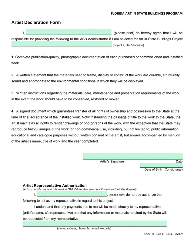 Artist Declaration Form screenshot