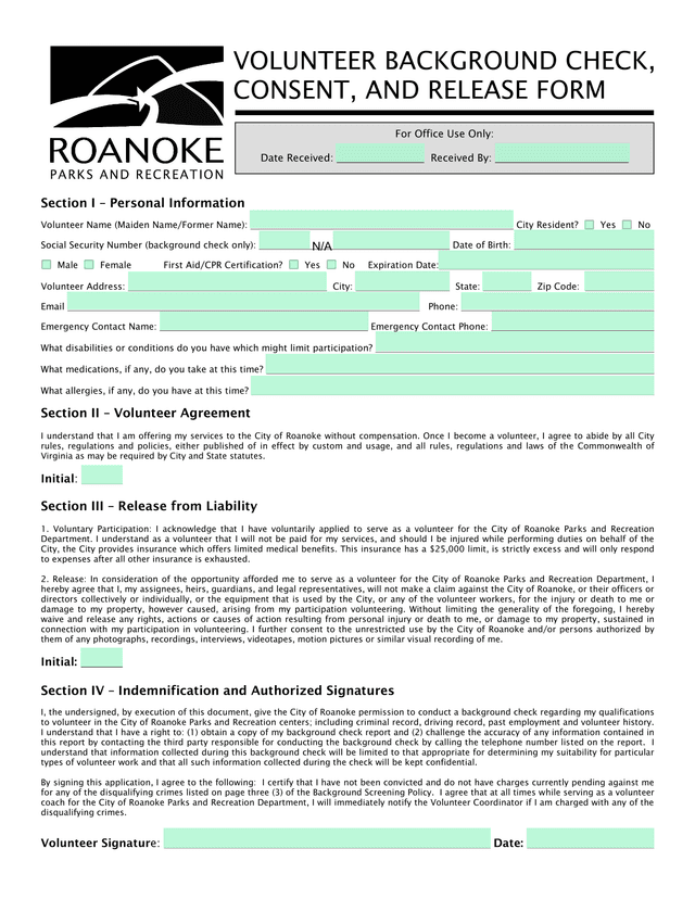 City Of Roanoke Volunteer Application Form screenshot