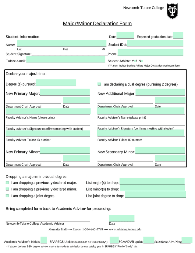 Newcomb Tulane College MajorMinor Declaration Form screenshot