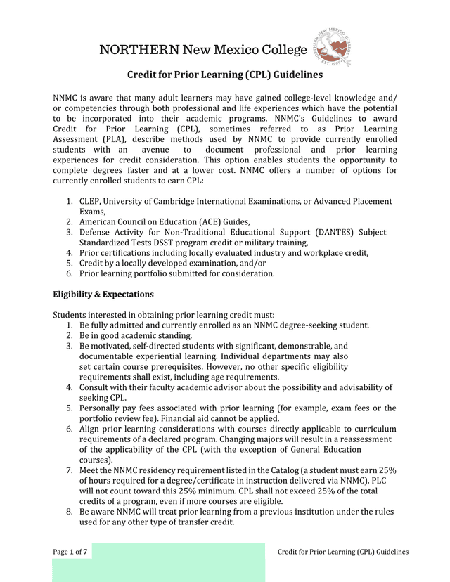 Credit For Prior Learning (CPL) Guidelines screenshot