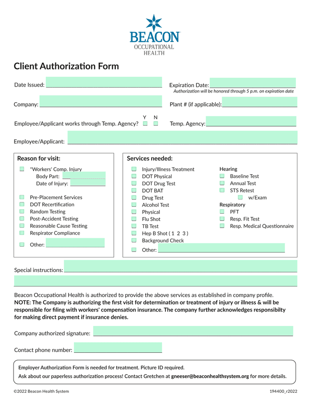 Client Authorization Form screenshot
