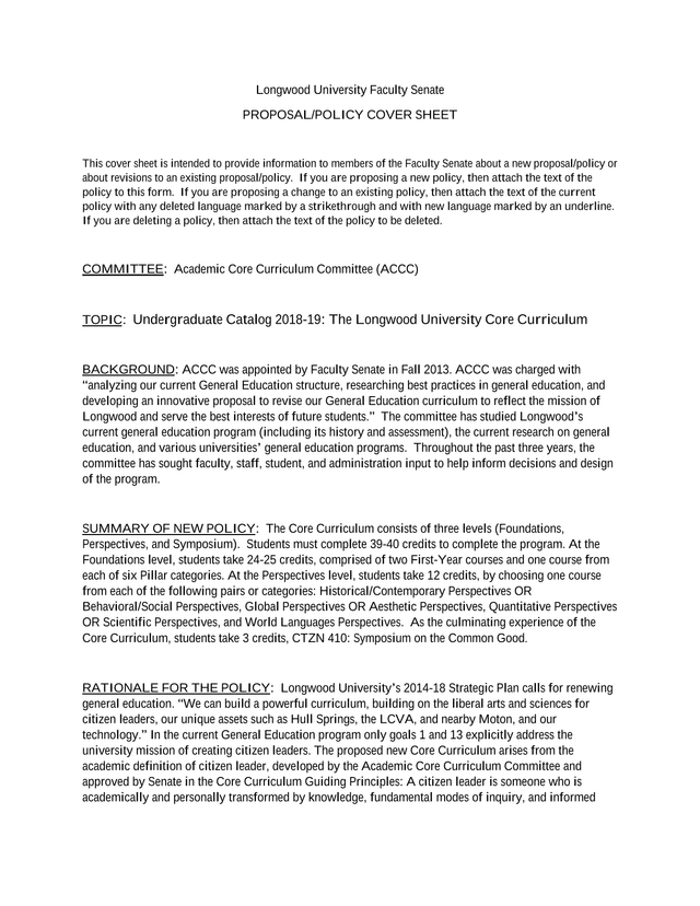 Longwood University Faculty Senate ProposalPolicy Cover Sheet screenshot