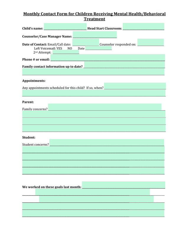 Monthly Contact Form For Children Receiving Mental HealthBehavioral Treatment screenshot