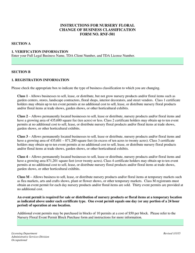 INSTRUCTIONS FOR NURSERY FLORAL CHANGE OF BUSINESS CLASSIFICATION screenshot