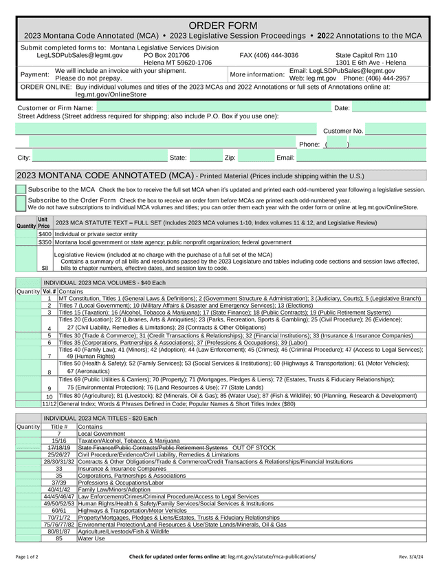 2023 Montana Code Annotated (MCA) Order Form screenshot