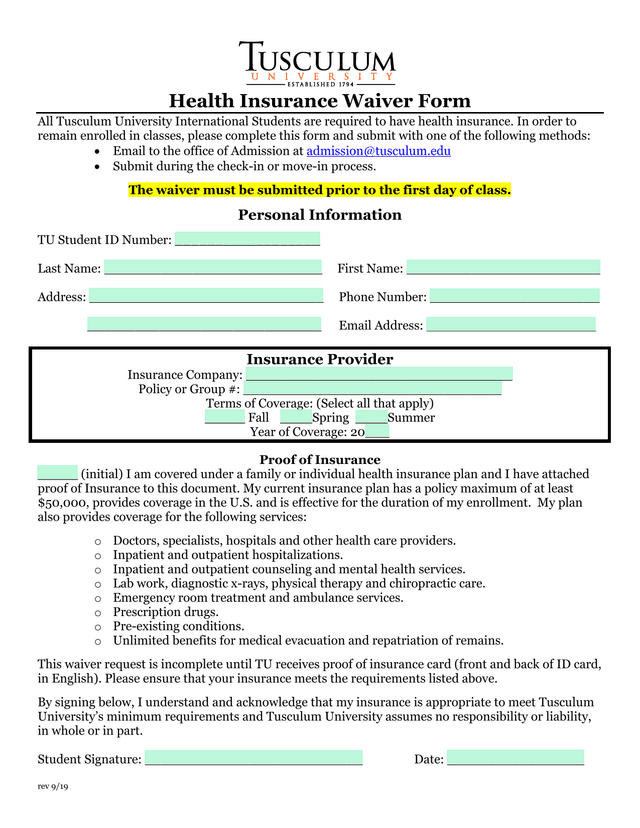 Health Insurance Waiver Form screenshot