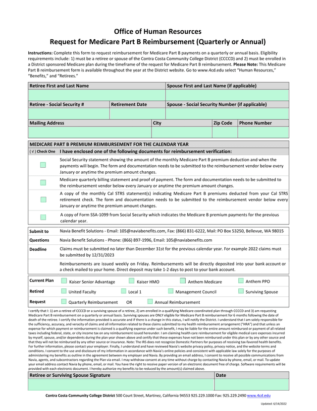 Request For Medicare Part B Reimbursement (Quarterly Or Annual) screenshot